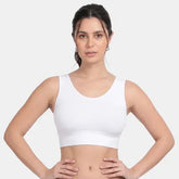 White full coverage activewear sports bra for women with soft padded support and non-wired comfort by Envie