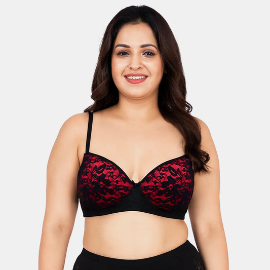 Envie Padded Wired 3/4th Coverage Push-Up Lace Bra - NVB1146 (Red Black)
