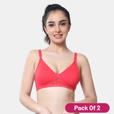 Envie Pack Of 2 Non-Padded Non-Wired Full Coverage T-Shirt Lace Bra - NVB1088 (Red)