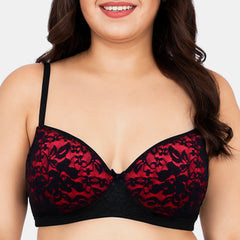 Envie Padded Wired 3/4th Coverage Push-Up Lace Bra - NVB1146 (Red Black)