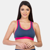 Women’s full coverage sports bra in pink denim for workout and daily comfort