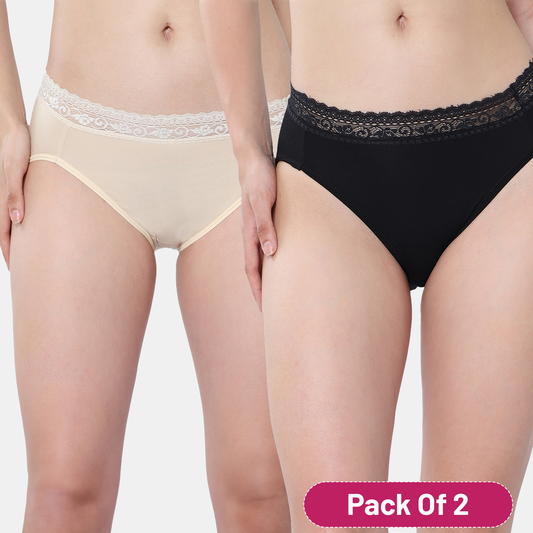Envie Medium Rise 3/4th Coverage Lace Hipster (Pack of 2) NVP2057 (Nude Black)