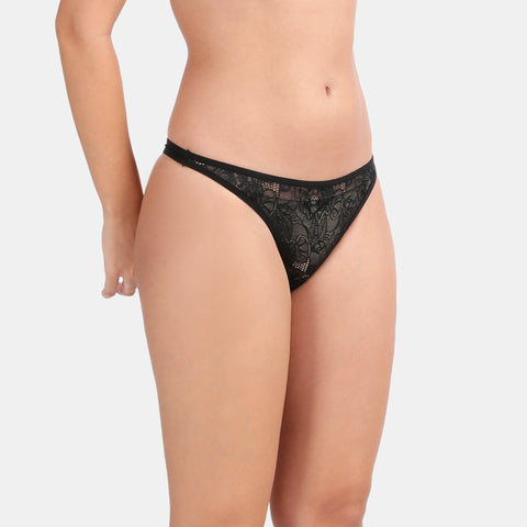 Envie Non-Padded Non-Wired 3/4th Coverage Lace Bra With Low Rise Zero Rear Coverage Lace Thong - ST1133-2061(Black)
