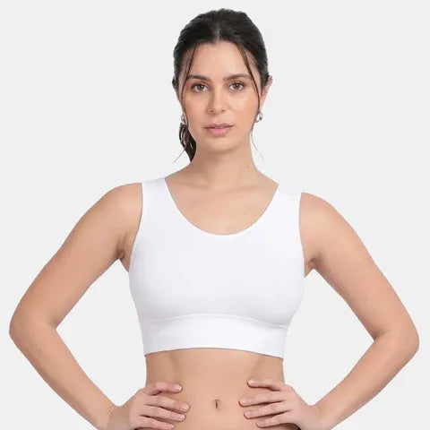 White full coverage activewear sports bra for women with soft padded support and non-wired comfort by Envie