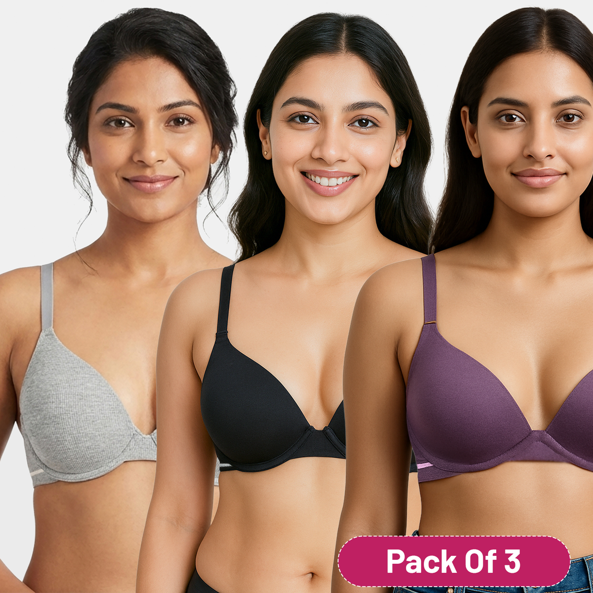 Envie Padded Wired 3/4th Coverage Demi Cup Bra (Pack of 3) - NVBDEMI (Grey Melange - Black - Dark Purple )
