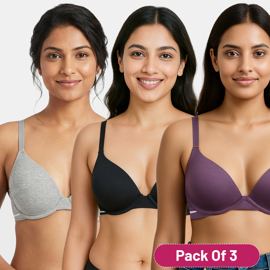 Envie Padded Wired Demi Cup Bra (Pack of 3) - NVBDEMI (Grey Melange -Black- Dark Purple)