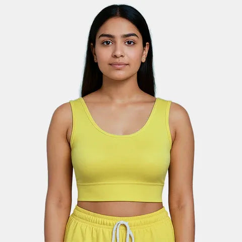 Padded full coverage sports bra in yellow by Envie with non-wired comfort and flexible elastic waistband