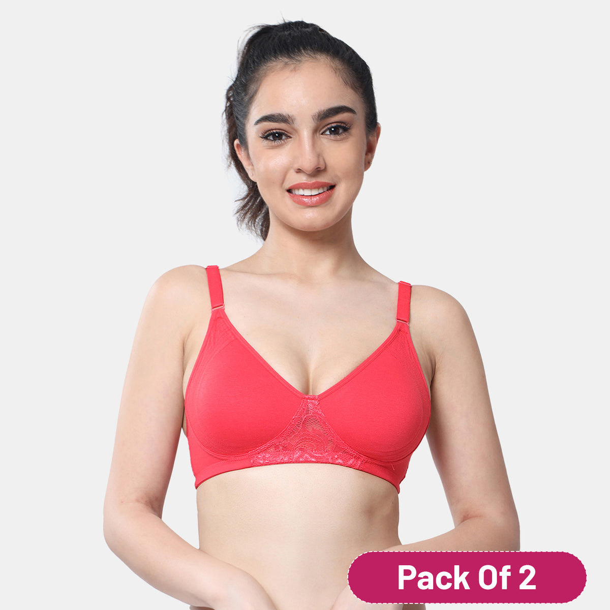 Envie Value + Non-Padded Non-Wired Full Coverage T-Shirt Lace Bra - NVB1088 (Red)