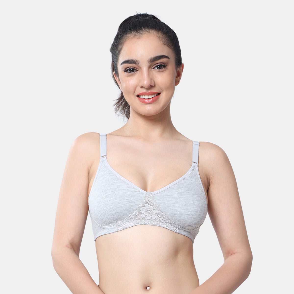 Envie Non-Padded Non-Wired Full Coverage T-Shirt Lace Bra - NVB1088 (Grey Melange)