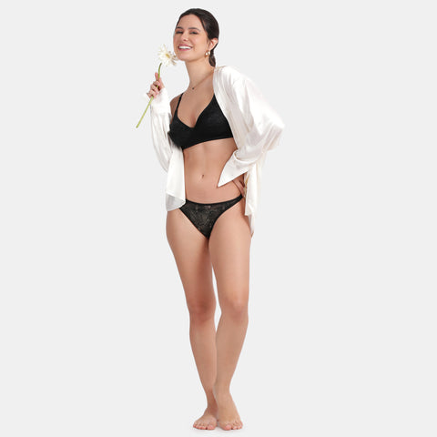 Envie Non-Padded Non-Wired 3/4th Coverage Lace Bra With Low Rise Zero Rear Coverage Lace Thong - ST1133-2061(Black)