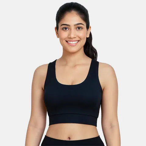 Envie black sports bra for women with removable pads, full coverage support and comfortable non-wired fit