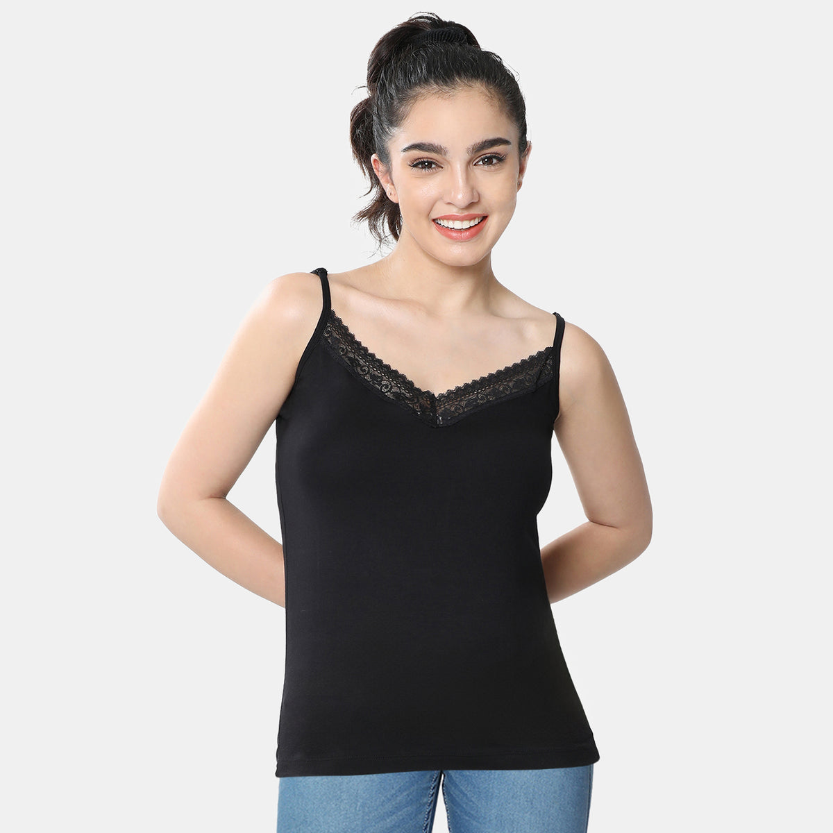 Envie Regular Fit V-Neck Short Length Lace Camisole - NVC3030 (Black)
