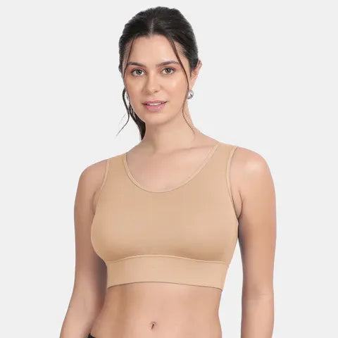 Envie NVB1127 women’s nude sports bra with smooth padded cups and customizable removable padding
