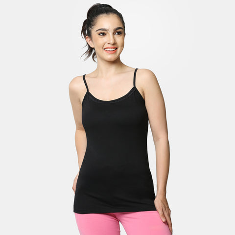 Envie Regular Fit Round Neck Short Length Lace Neckline Camisole - NVC3026 (Black)