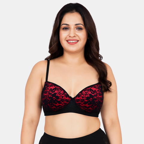 Envie Padded Wired 3/4th Coverage Push-Up Lace Bra - NVB1146 (Black Red)