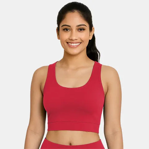 Red padded sports bra with moisture-wicking fabric and comfortable support