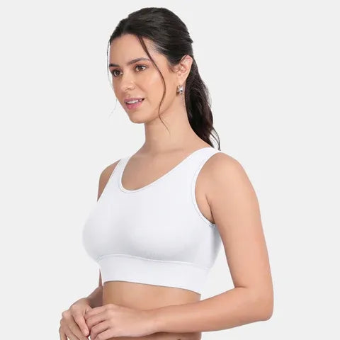 White full coverage activewear sports bra for women with soft padded support and non-wired comfort by Envie