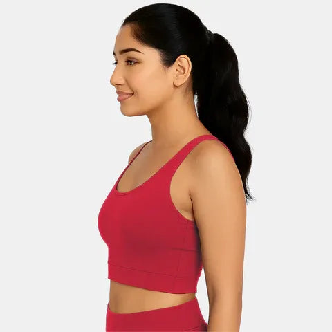 Red padded sports bra with moisture-wicking fabric and comfortable support