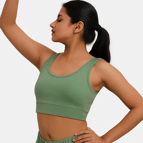 Women’s fair green non-wired padded sports bra with breathable fabric, removable cups and full coverage support from Envie