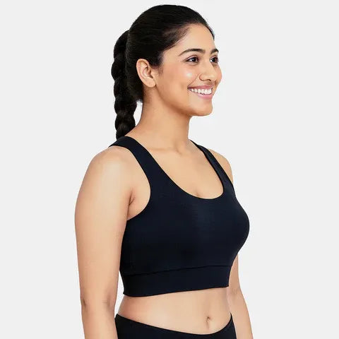 Envie black sports bra for women with removable pads, full coverage support and comfortable non-wired fit