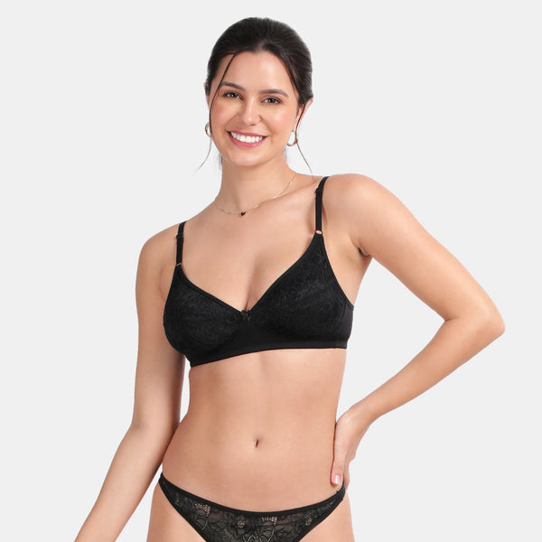 Envie Non-Padded Non-Wired 3/4th Coverage Lace Bra With Low Rise Zero Rear Coverage Lace Thong - ST1133-2061(Black)