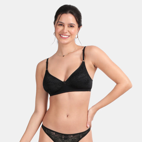 Envie Non-Padded Non-Wired 3/4th Coverage Lace Bra With Low Rise Zero Rear Coverage Lace Thong - ST1133-2061(Black)