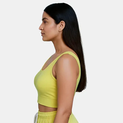 Padded full coverage sports bra in yellow by Envie with non-wired comfort and flexible elastic waistband