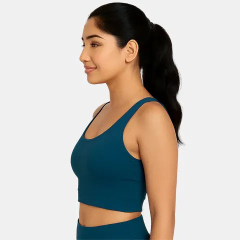 Women’s non-wired padded sports bra in majolica blue shade with soft coverage, removable pads and active support from Envie