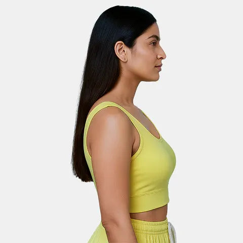 Padded full coverage sports bra in yellow by Envie with non-wired comfort and flexible elastic waistband