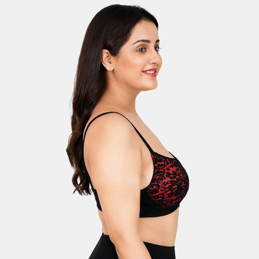 Envie Padded Wired 3/4th Coverage Push-Up Lace Bra - NVB1146 (Red Black)