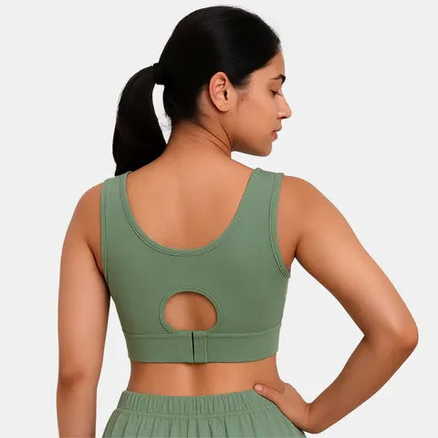 Women’s fair green non-wired padded sports bra with breathable fabric, removable cups and full coverage support from Envie