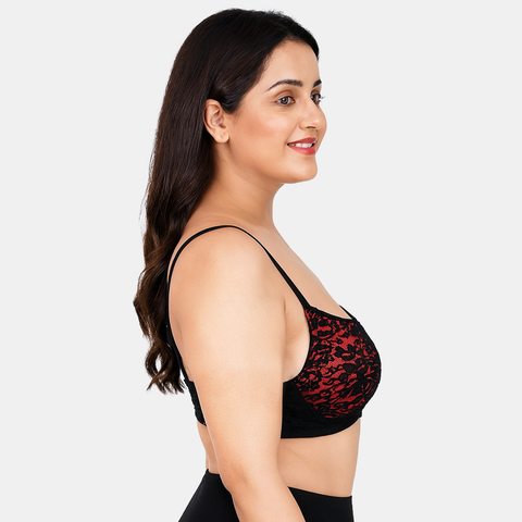 Envie Padded Wired 3/4th Coverage Push-Up Lace Bra - NVB1146 (Black Red)