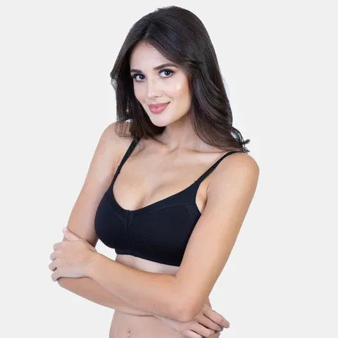 Soft cotton black t-shirt bra by Envie with wirefree support, smooth finish and all-day comfort
