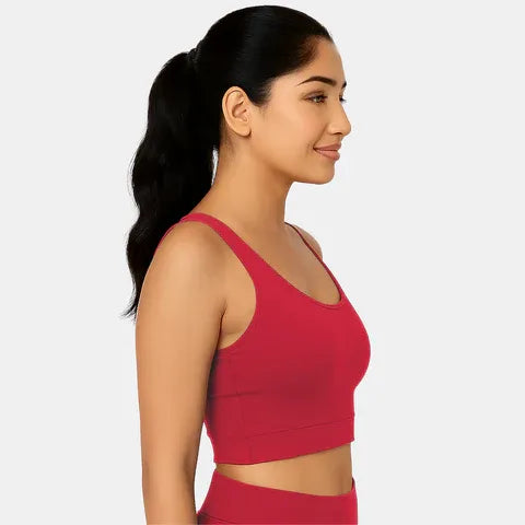 Red padded sports bra with moisture-wicking fabric and comfortable support