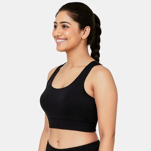 Envie black sports bra for women with removable pads, full coverage support and comfortable non-wired fit