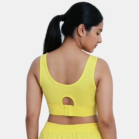 Padded full coverage sports bra in yellow by Envie with non-wired comfort and flexible elastic waistband