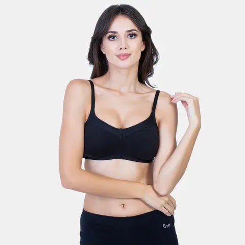 Soft cotton black t-shirt bra by Envie with wirefree support, smooth finish and all-day comfort