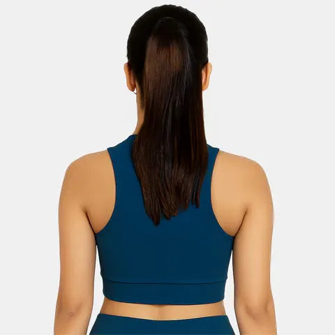 Women’s non-wired padded sports bra in majolica blue shade with soft coverage, removable pads and active support from Envie
