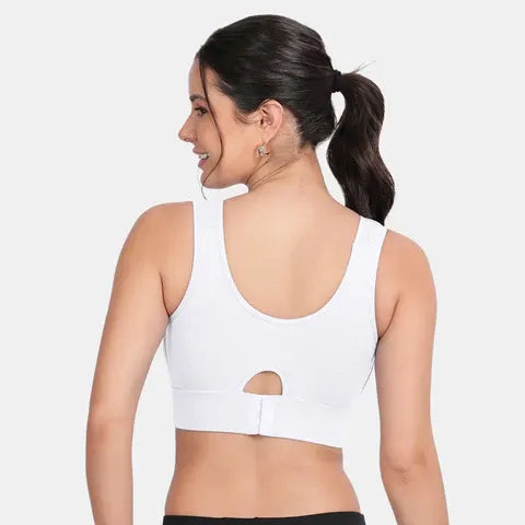 White full coverage activewear sports bra for women with soft padded support and non-wired comfort by Envie