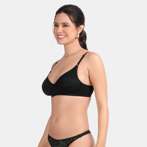 Envie Non-Padded Non-Wired 3/4th Coverage Lace Bra With Low Rise Zero Rear Coverage Lace Thong - ST1133-2061(Black)