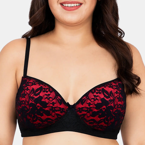 Envie Padded Wired 3/4th Coverage Push-Up Lace Bra - NVB1146 (Red Black)