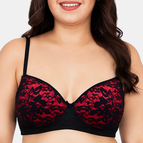 Envie Padded Wired 3/4th Coverage Push-Up Lace Bra - NVB1146 (Black Red)