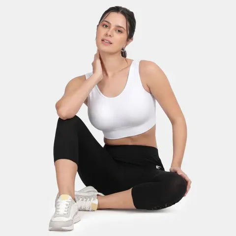 White full coverage activewear sports bra for women with soft padded support and non-wired comfort by Envie
