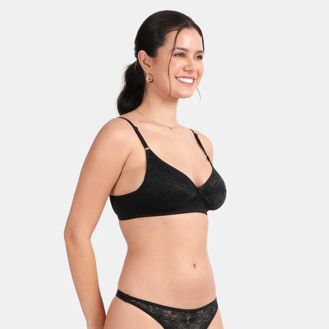 Envie Non-Padded Non-Wired 3/4th Coverage Lace Bra With Low Rise Zero Rear Coverage Lace Thong - ST1133-2061(Black)