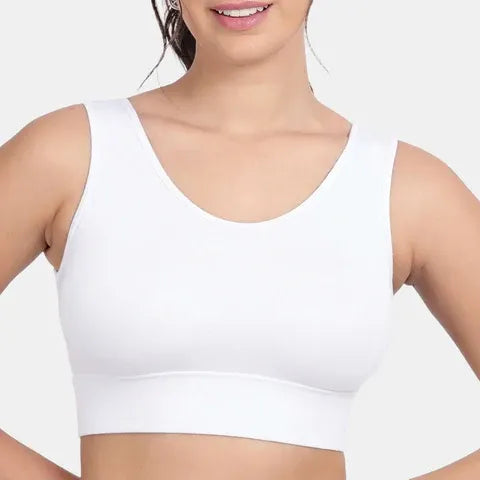 White full coverage activewear sports bra for women with soft padded support and non-wired comfort by Envie