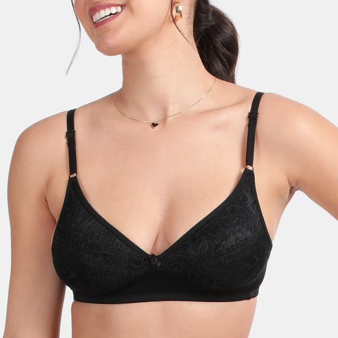 Envie Non-Padded Non-Wired 3/4th Coverage Lace Bra With Low Rise Zero Rear Coverage Lace Thong - ST1133-2061(Black)