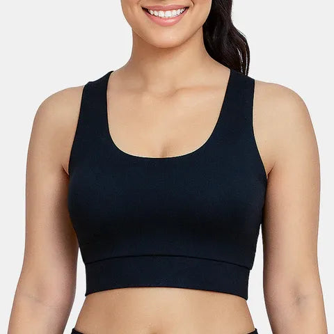 Envie black sports bra for women with removable pads, full coverage support and comfortable non-wired fit