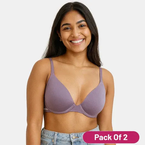 Padded wired demi cup bra for women in light purple pack of 2 with flattering 3/4th coverage design