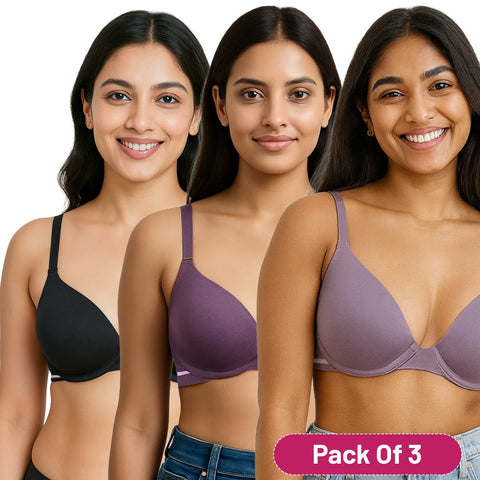 Envie Padded Wired 3/4th Coverage Demi Cup Bra (Pack of 3) - NVBDEMI (Black - Dark Purple - Light Purple)
