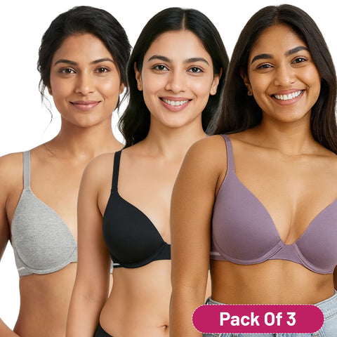 Envie Padded Wired 3/4th Coverage Demi Cup Bra (Pack of 3) - NVBDEMI (Black - Grey Melange - Light Purple)